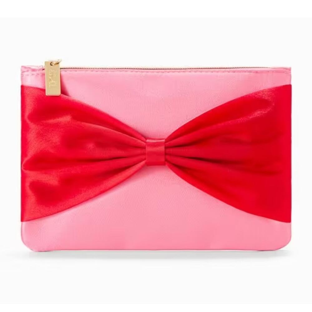 Ipsy December 2024 pink red bow makeup cosmetic bag gold zipper